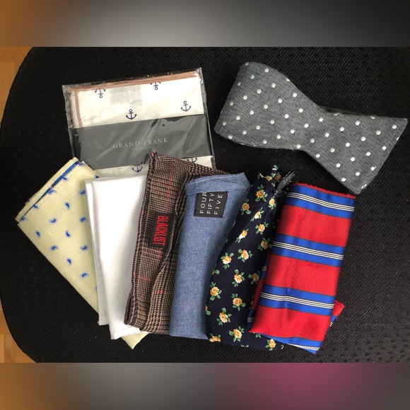 Men’s pocket squares (7) various styles and patterns, and polka dot bow tie. - Picture 1 of 3
